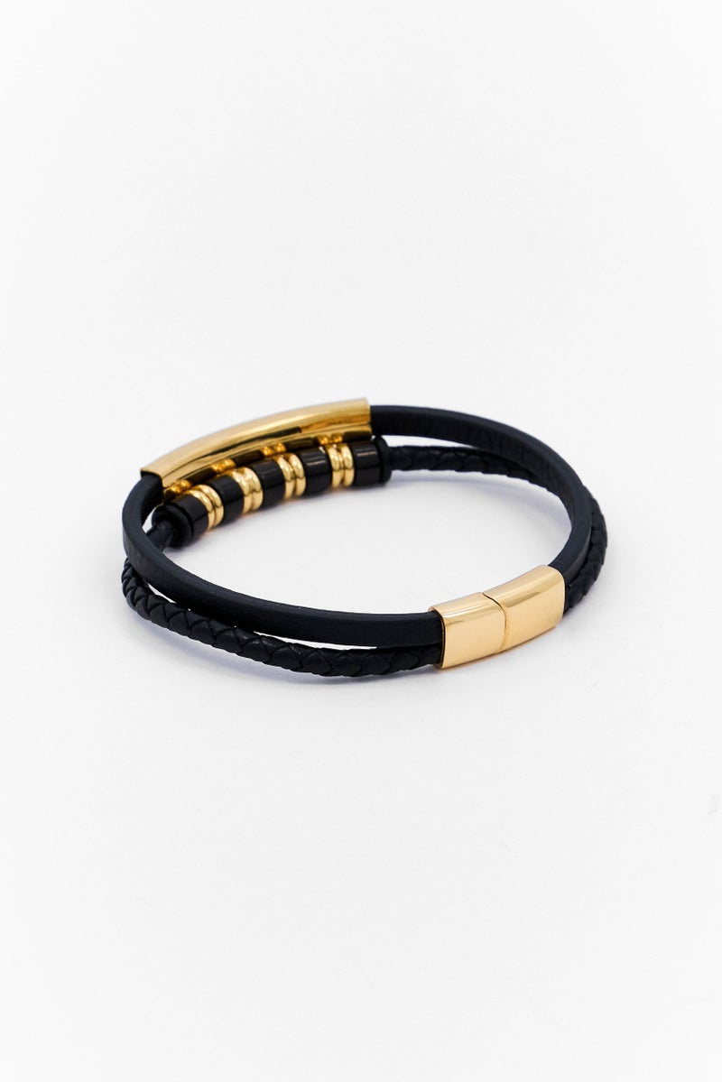 Steeltime Men Braided Leather And Plated Stainless Steel Beads Id Bracelet, Black - Image 2